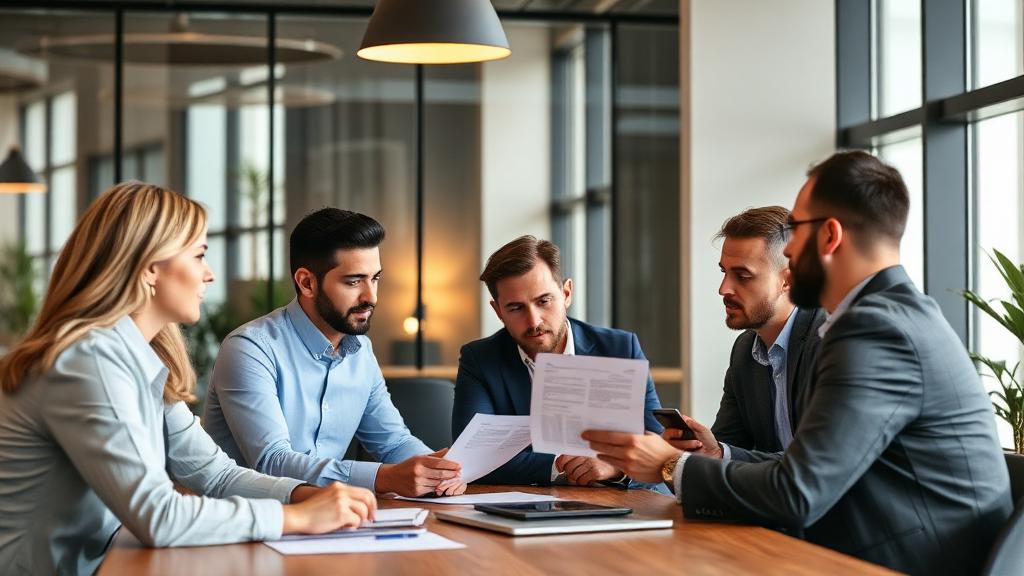 Equipo profesional revisando documentos para la venta de una empresa en funcionamiento